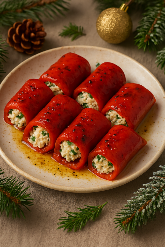 Рулетики из запеченного перца с брынзой и зеленью - рецепт закуски